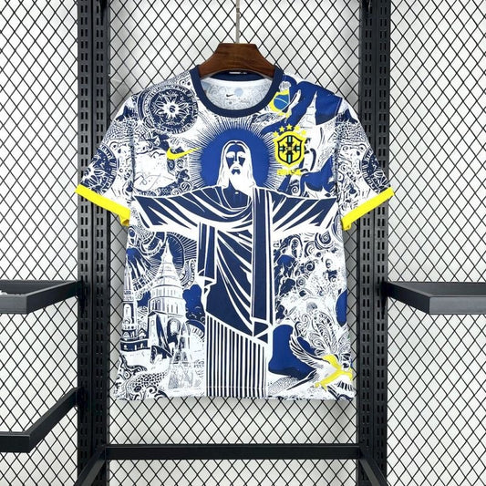 Camiseta Brasil Cristo Redentor Azul y Blanco 2025/26 Versión Fan