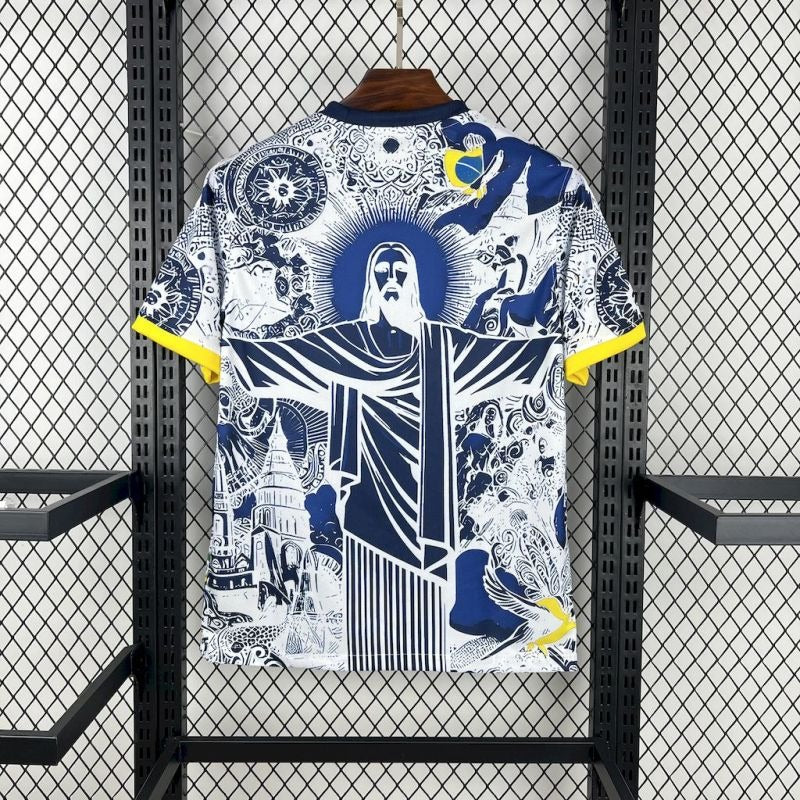 Camiseta Brasil Cristo Redentor Azul y Blanco 2025/26 Versión Fan